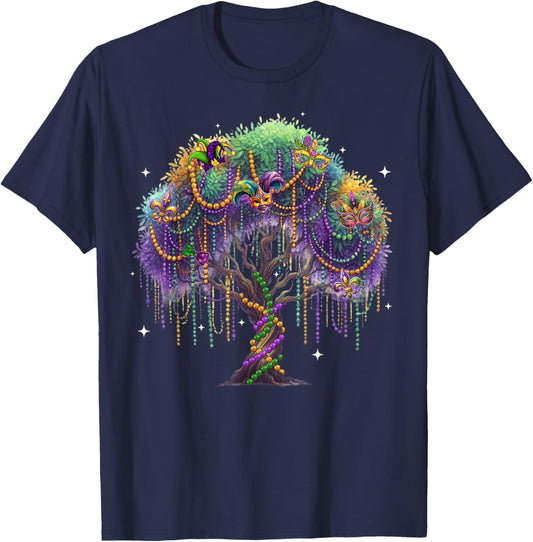 Mardi Gras Tree Shirts Matching Family Beads Mask Feathers T-Shirt - T-Shirt | Navy
