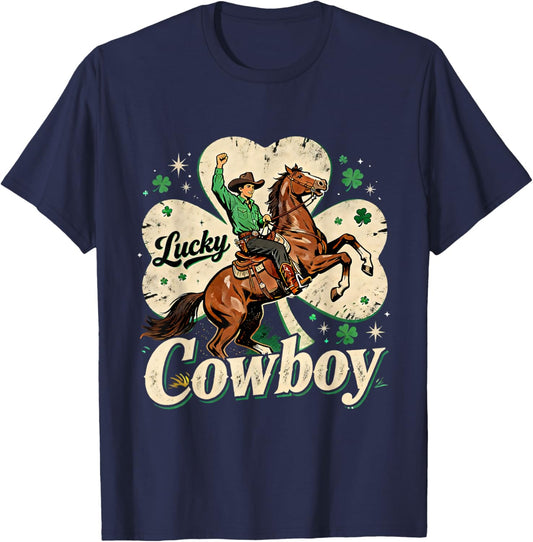 Lucky Cowboy St Patricks Day Western Irish Pride Design T-Shirt - T-Shirt | Navy