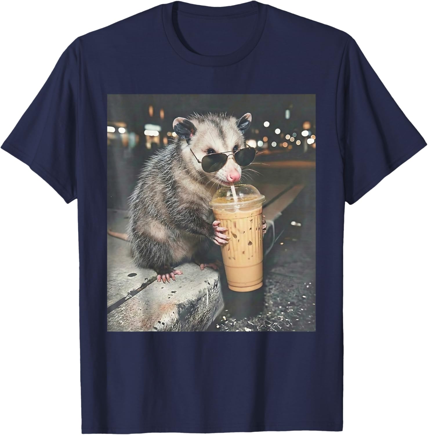 Opossum Drinking Iced Coffee Funny Animal Meme Possum Humor T-Shirt - T-Shirt | Navy