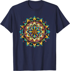 Colorful Mandala Vibrant Symmetry Pattern T-Shirt - T-Shirt | Navy