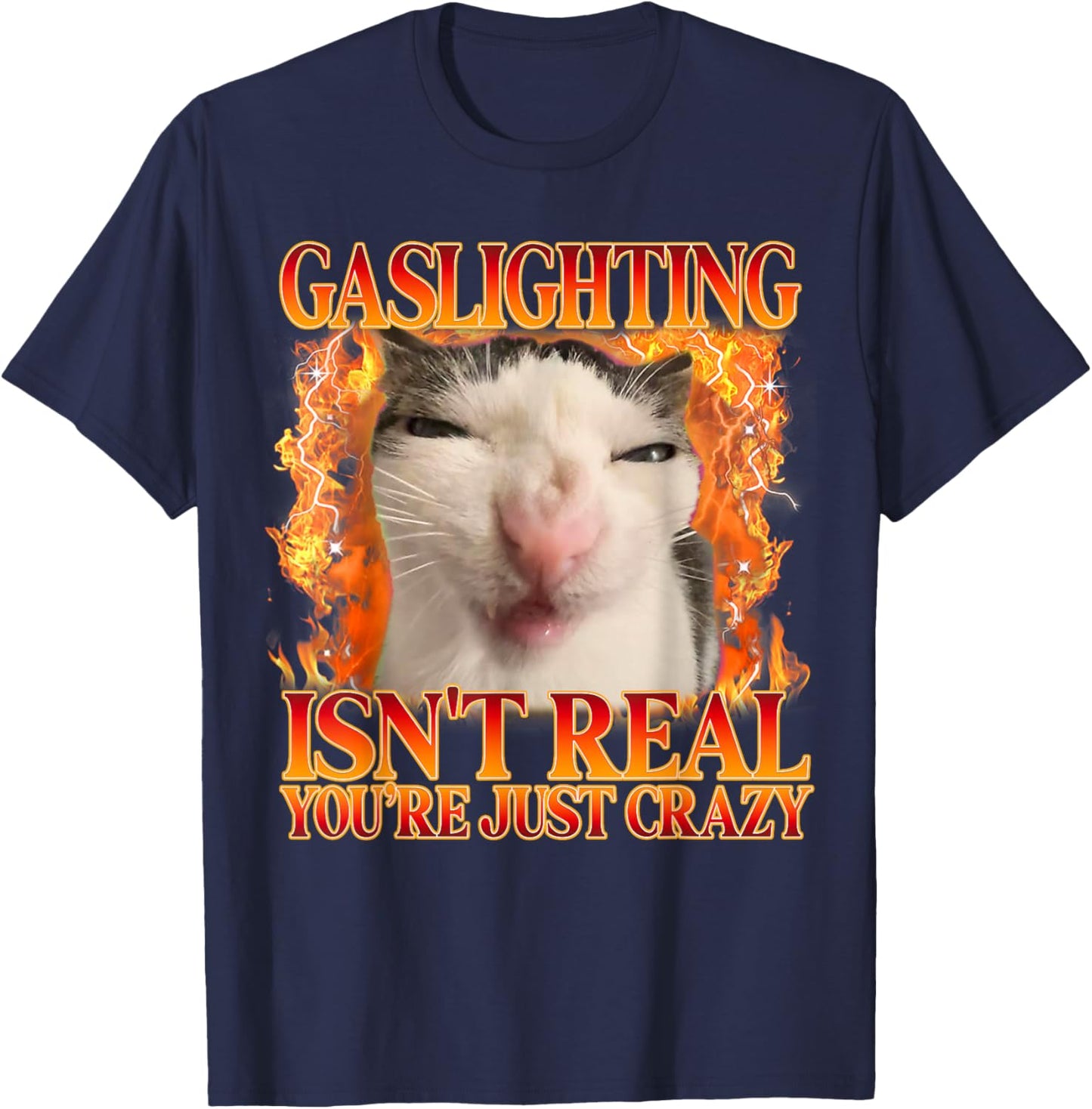 Funny Cat Meme Gaslighting Isn't Real You're Just Crazy T-Shirt - T-Shirt | Navy