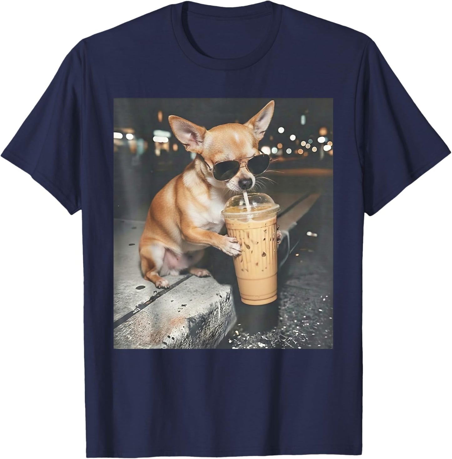 Chihuahua Drinking Iced Coffee Funny Animal Meme Dog Lover T-Shirt - T-Shirt | Navy