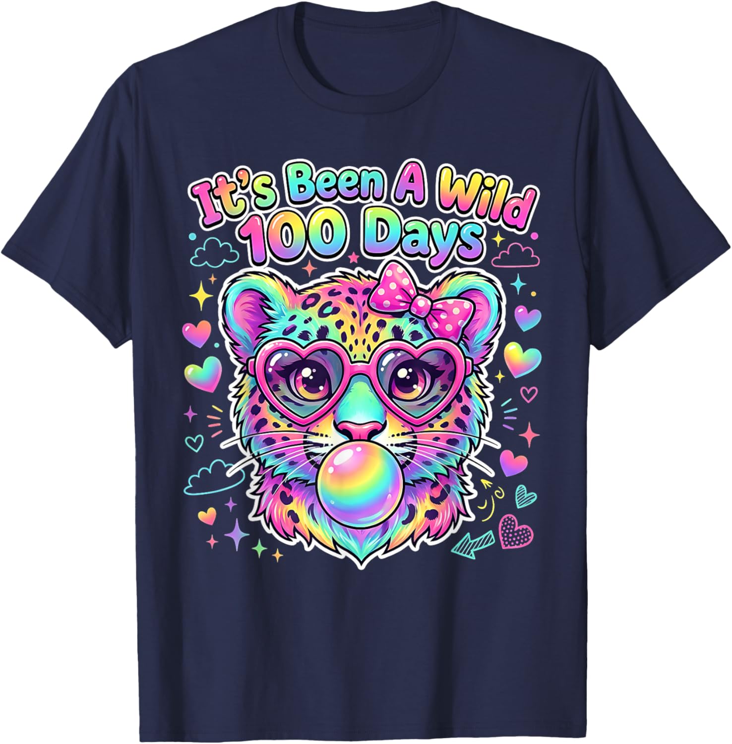 100th Day of School Leopard Bubble Gum Glasses Students Kids T-Shirt - T-Shirt | Navy