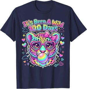 100th Day of School Leopard Bubble Gum Glasses Students Kids T-Shirt - T-Shirt | Navy