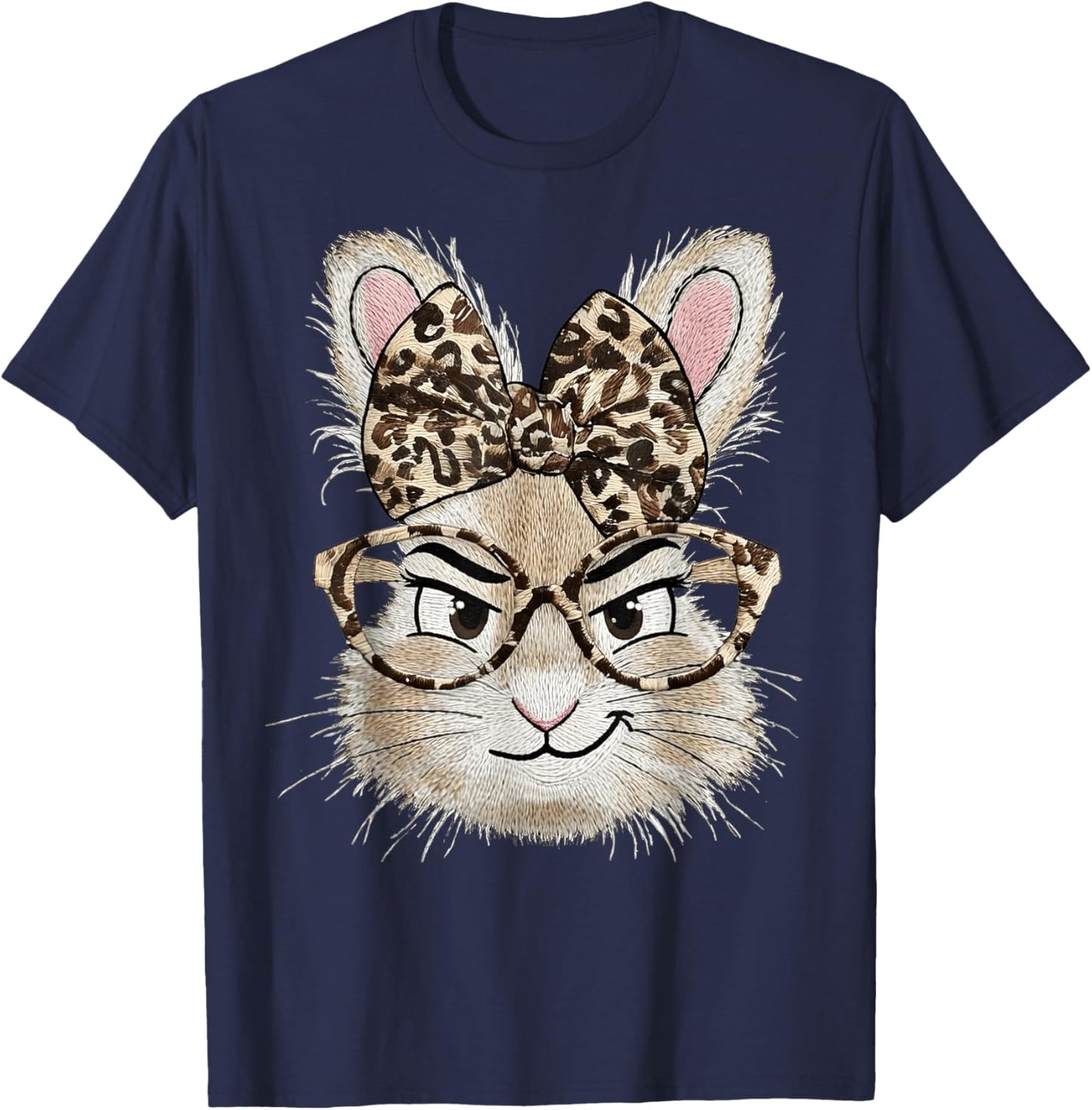 Bunny Glasses Bandana Leopard Funny Rabbit Happy Easter T-Shirt - T-Shirt | Navy