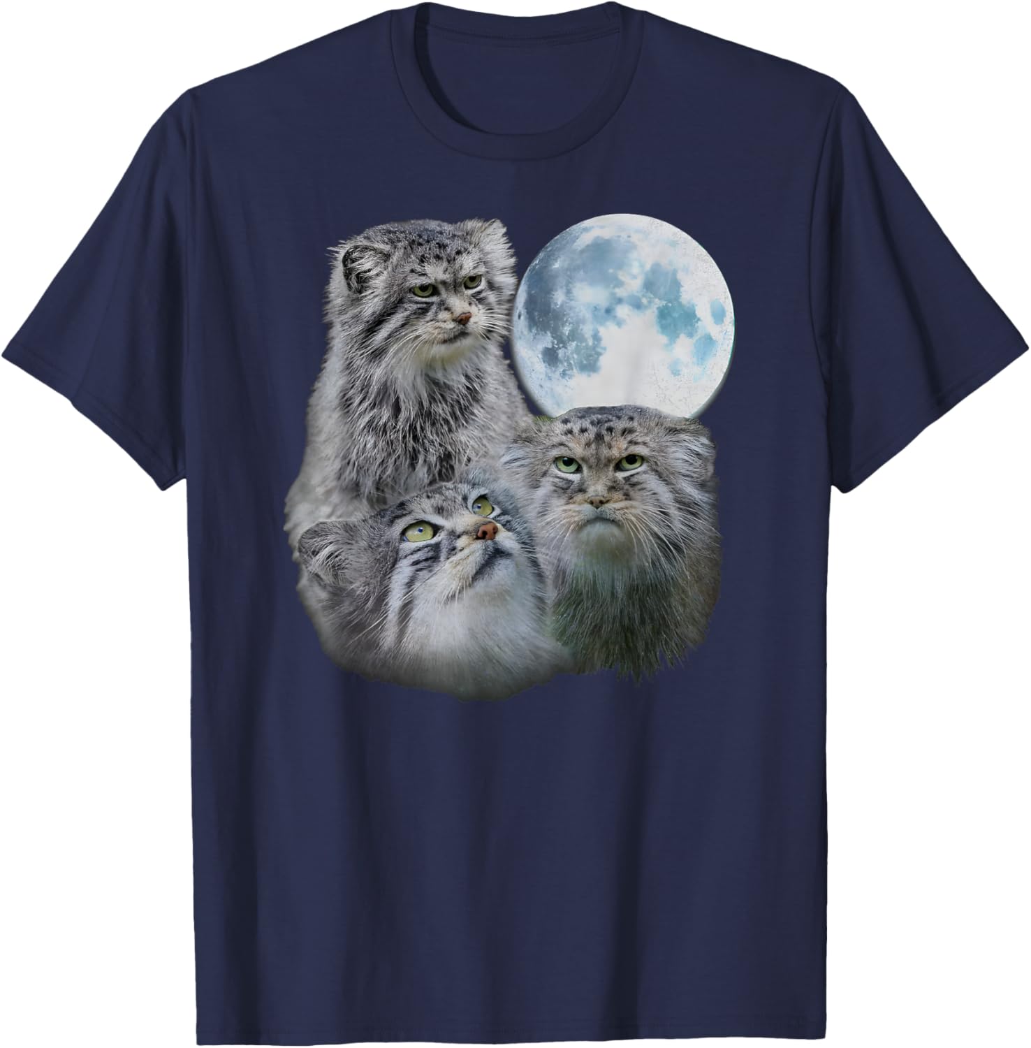 Retro Three Pallas Cats Howling at The Moon Funny Cat Meme T-Shirt - T-Shirt | Navy