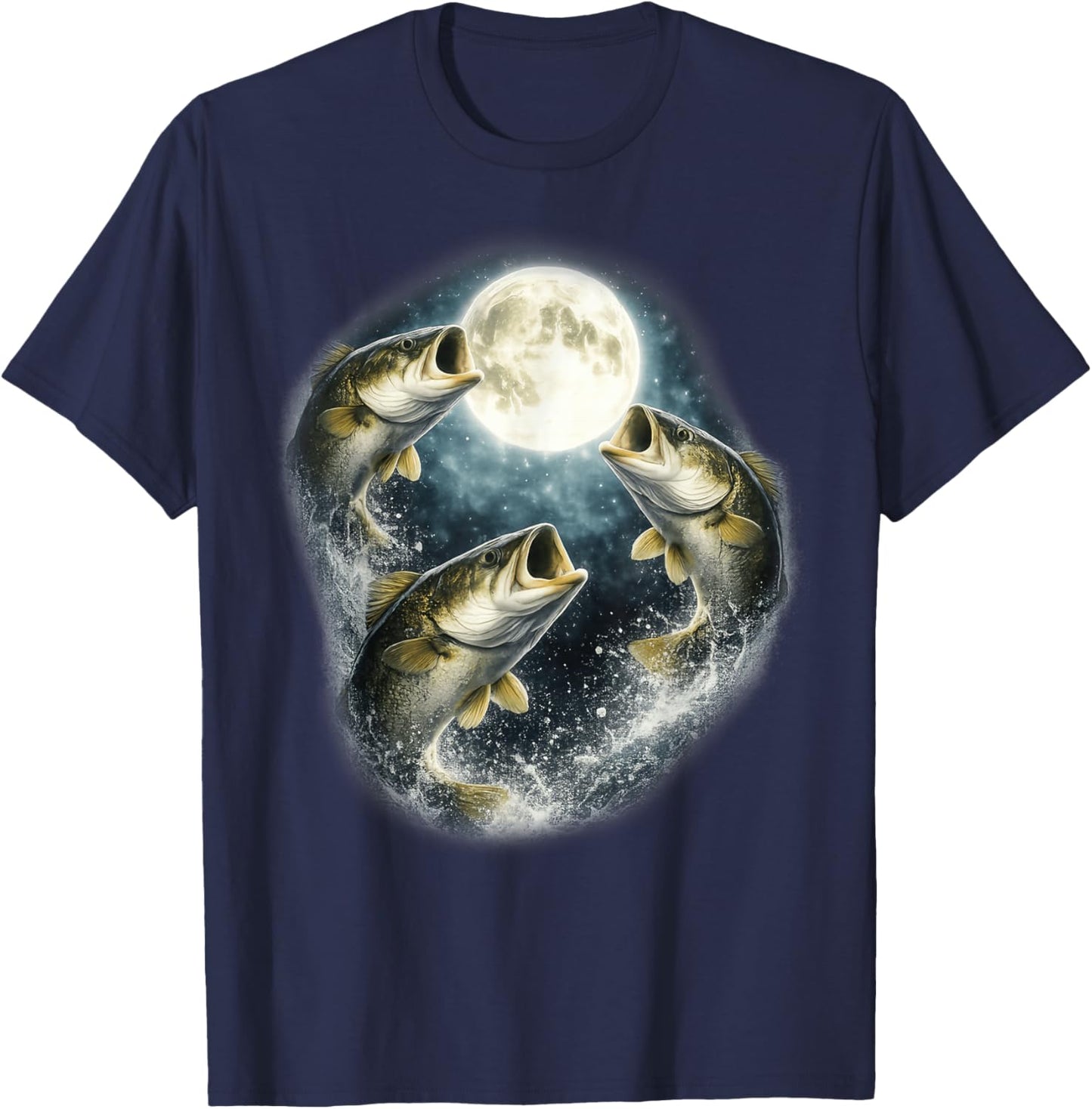 Bass Fish Howling to The Moon Vintage Angler Fisherman T-Shirt - T-Shirt | Navy