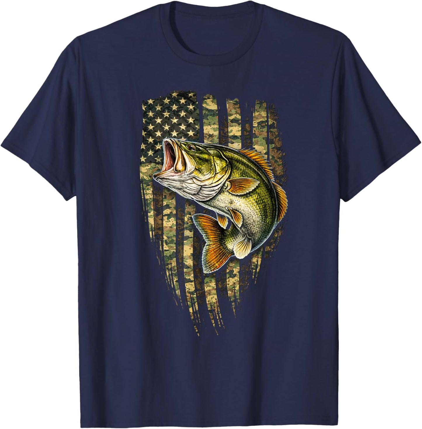 Vintage Fishermen Camo American Flag Bass Fish Fishing T-Shirt - T-Shirt | Navy