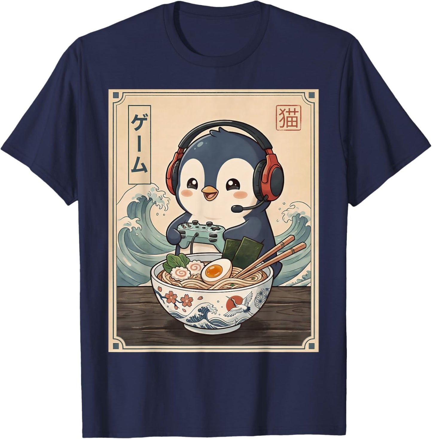 Cute Penguin Eating Ramen Japanese Funny Penguin Gaming T-Shirt - T-Shirt | Navy