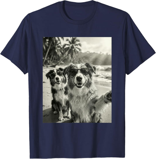 Cool Australian Shepherd Selfie Beach Sunglasses Dogs T-Shirt - T-Shirt | Navy