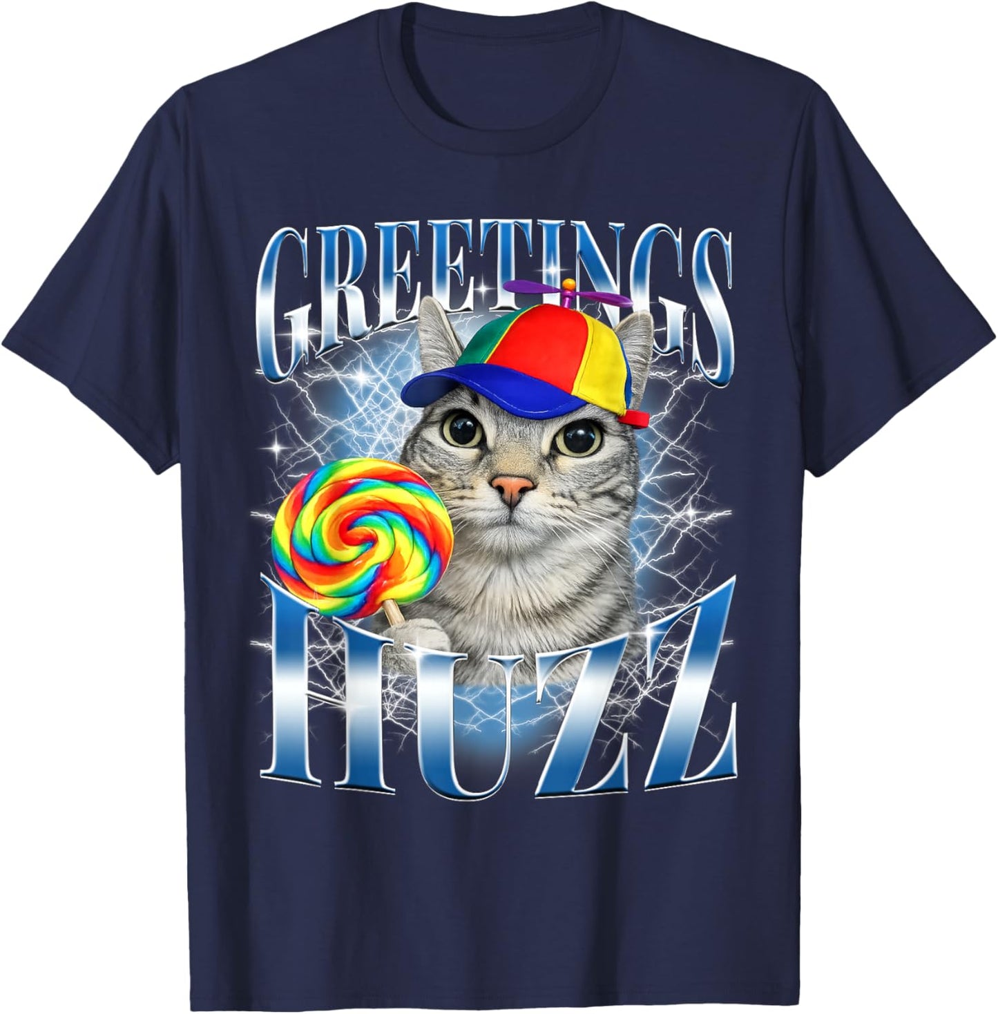 Greetings Huzz Funny Cat Meme Design Gifts Women Kid T-Shirt - T-Shirt | Navy
