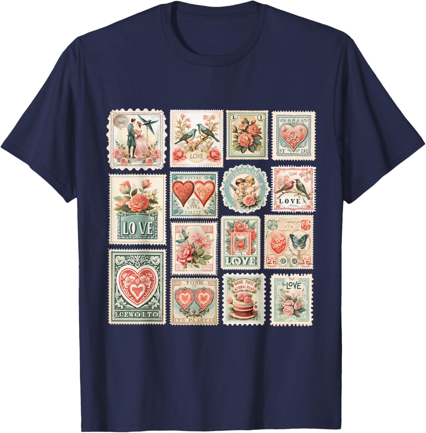 Retro Valentine's Day Stamps Valentine T-Shirt - T-Shirt | Navy