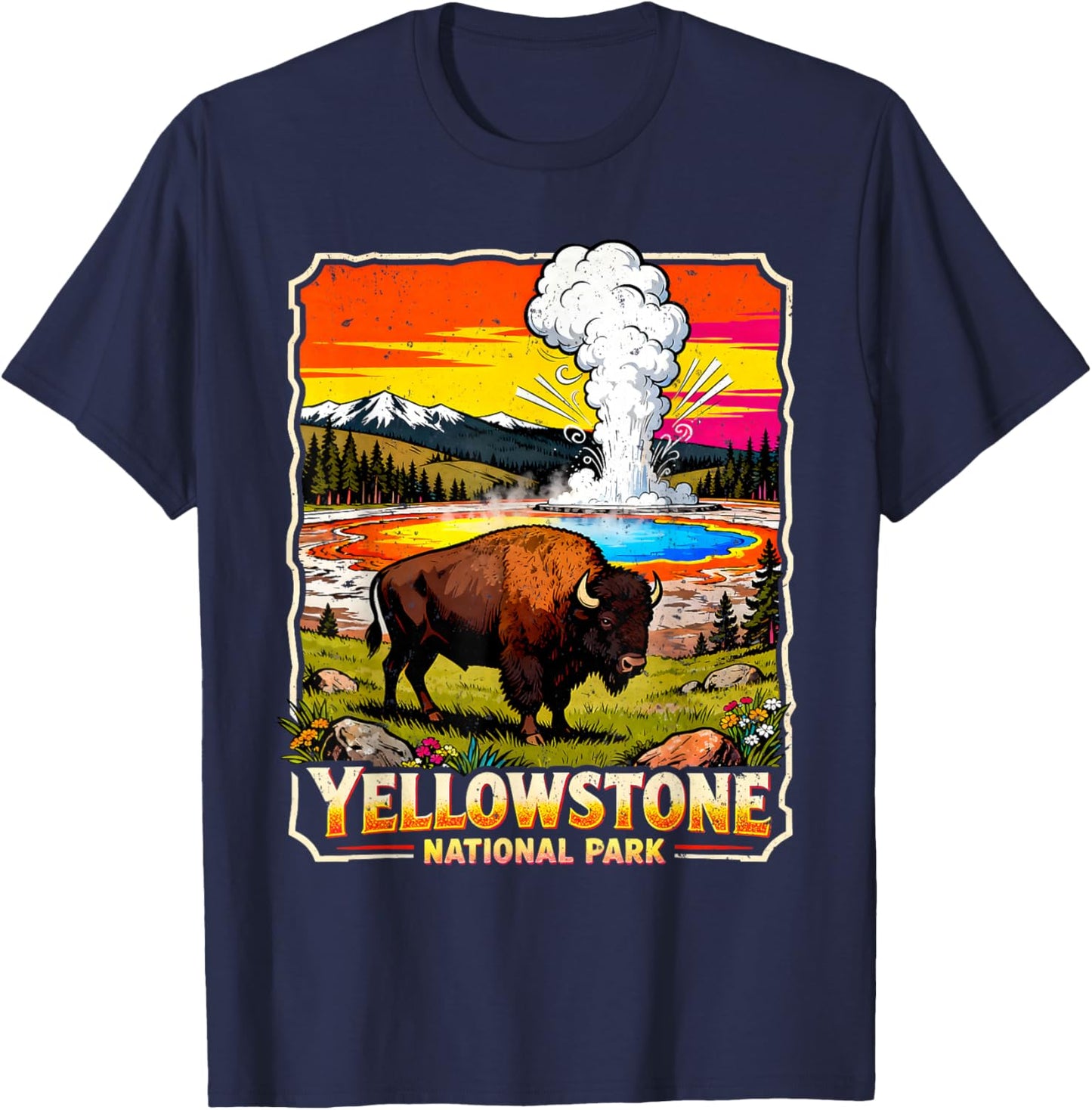 Yellowstone National Park 2026 Retro Travel Art T-Shirt - T-Shirt | Navy