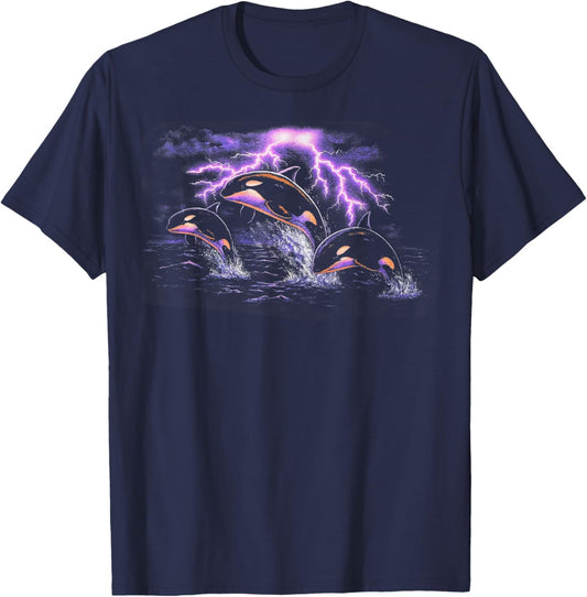 Vintage Orca Lightning 90s Nature Ocean Retro Sea Life T-Shirt - T-Shirt | Navy
