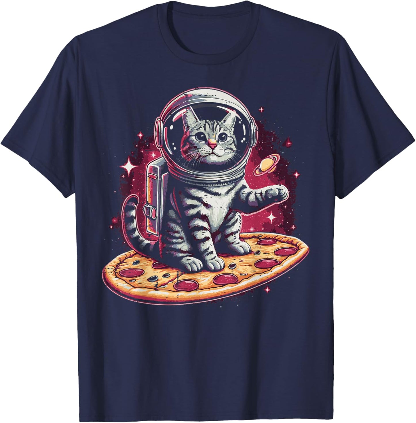 Astronaut Cat On Pizza Funny Kitten Food Pun Men Women Kids T-Shirt - T-Shirt | Navy