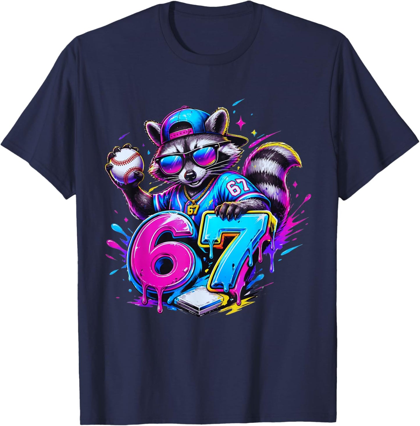 67 Funny Dabbing Raccoon Baseball Dripping Ice Cream Meme T-Shirt - T-Shirt | Navy