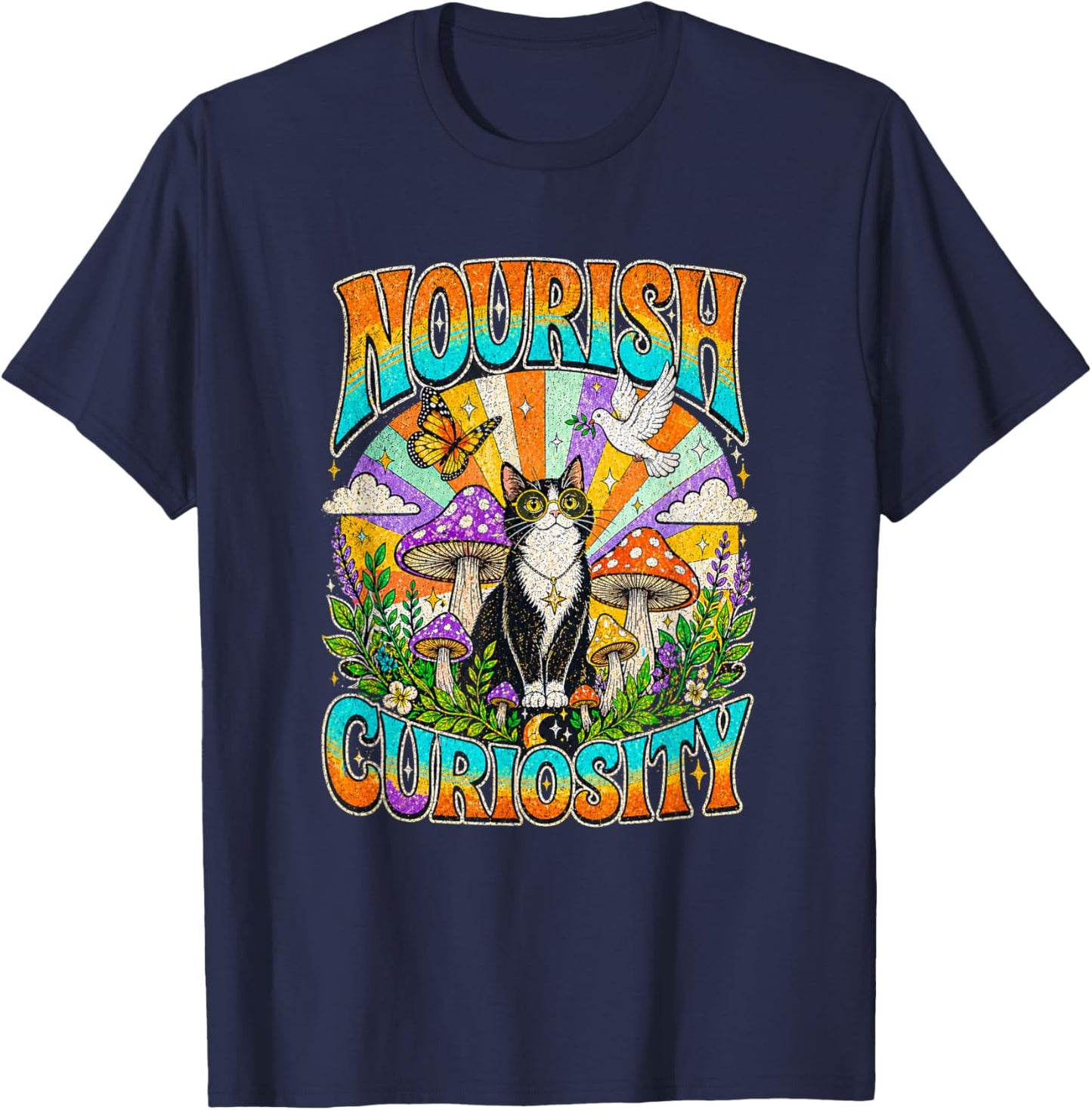 Nourish Curiosity Psychedelic Tuxedo Cat - Trippy Mushroom T-Shirt - T-Shirt | Navy