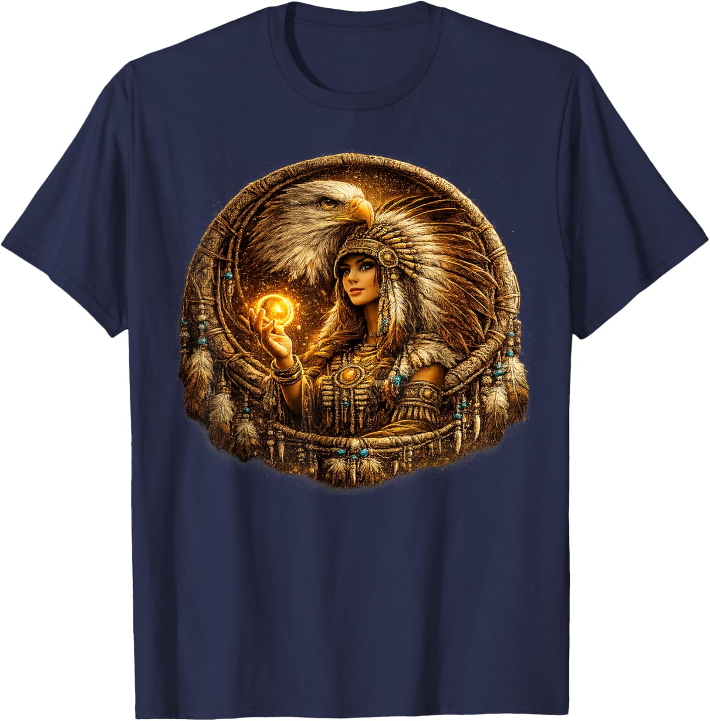Indian Native American Woman with White Eagle Vitage Gifts T-Shirt - T-Shirt | Navy