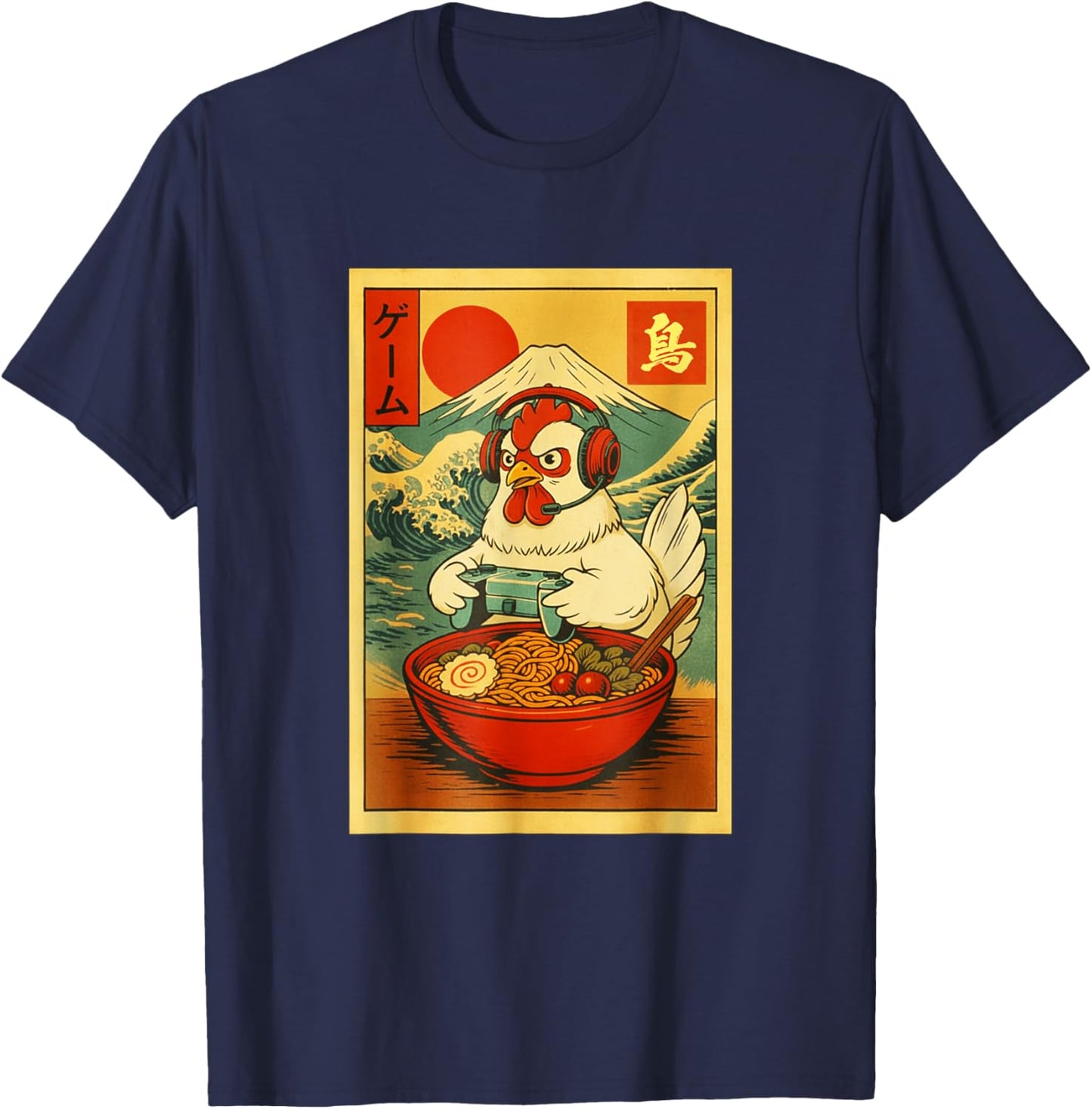 Chicken Gaming Ramen Japanese Ukiyo-e Great Wave Retro Art T-Shirt - T-Shirt | Navy