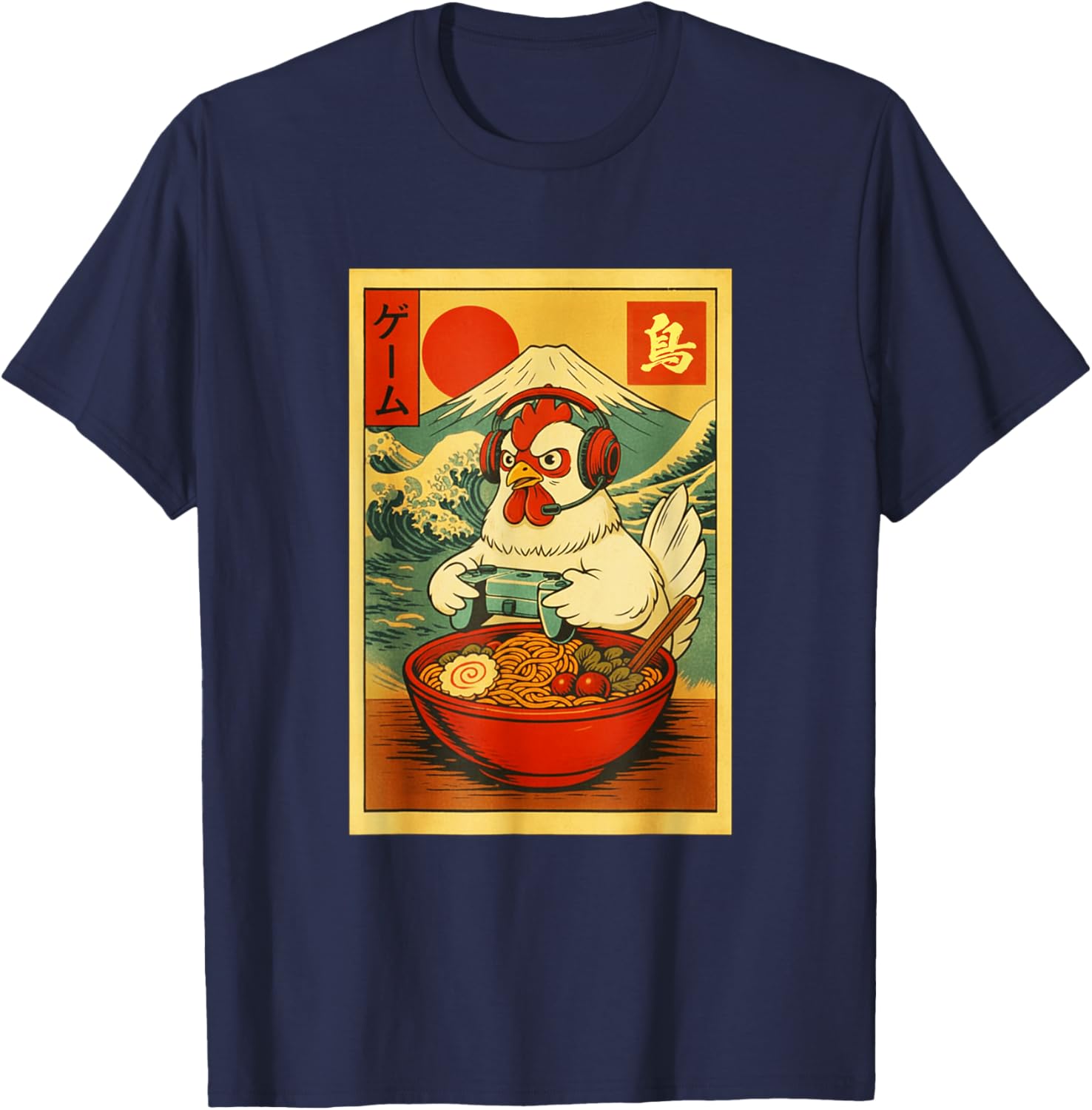 Chicken Gaming Ramen Japanese Ukiyo-e Great Wave Retro Art T-Shirt - T-Shirt | Navy