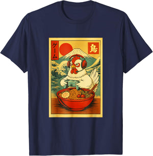 Chicken Gaming Ramen Japanese Ukiyo-e Great Wave Retro Art T-Shirt - T-Shirt | Navy