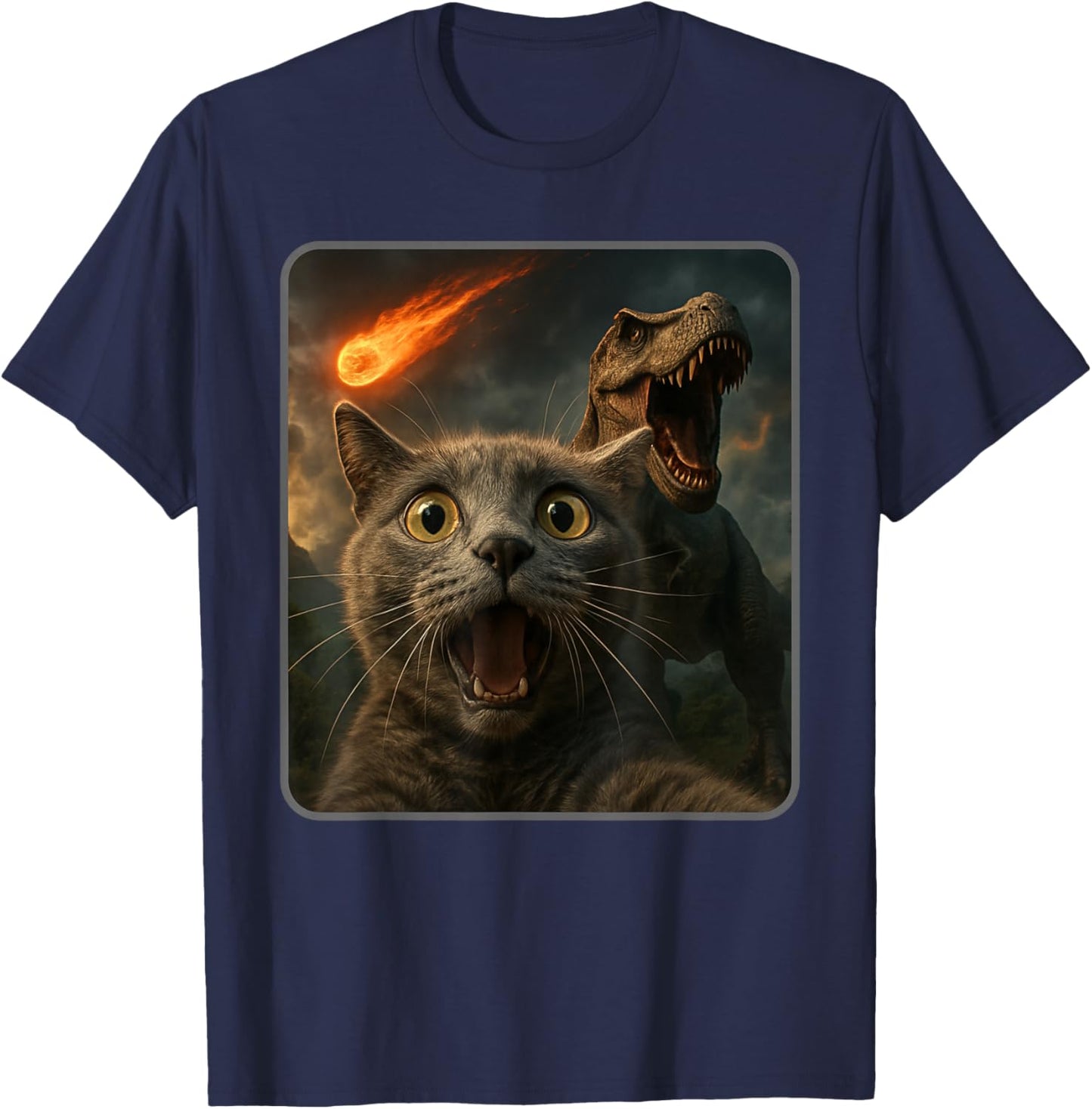 Cat Selfie with a T-Rex Funny Dinosaur Meme T-Shirt - T-Shirt | Navy