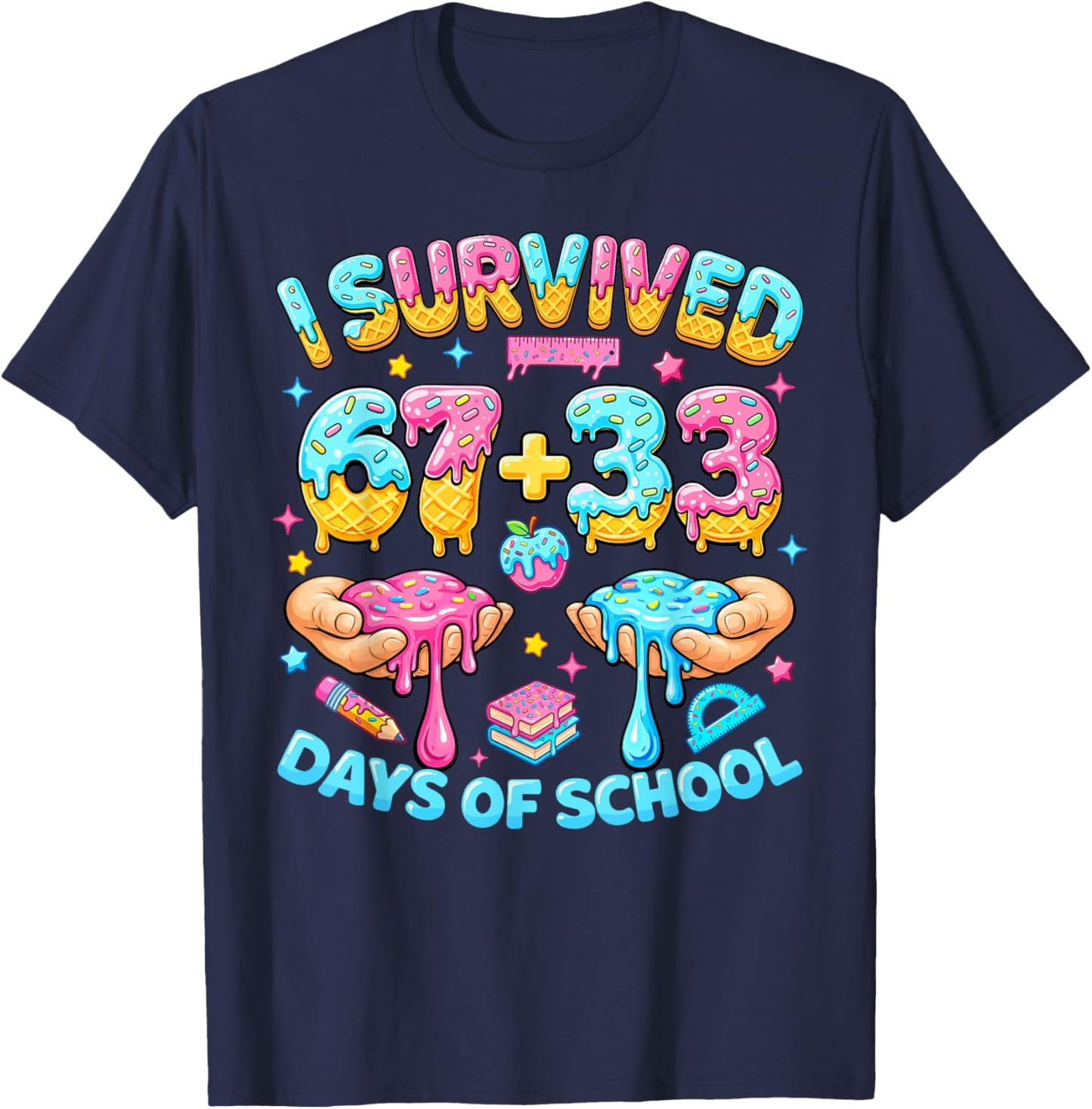 I Survived 67+33 Days of School 100 Days Teachers Kids Boys T-Shirt - T-Shirt | Navy