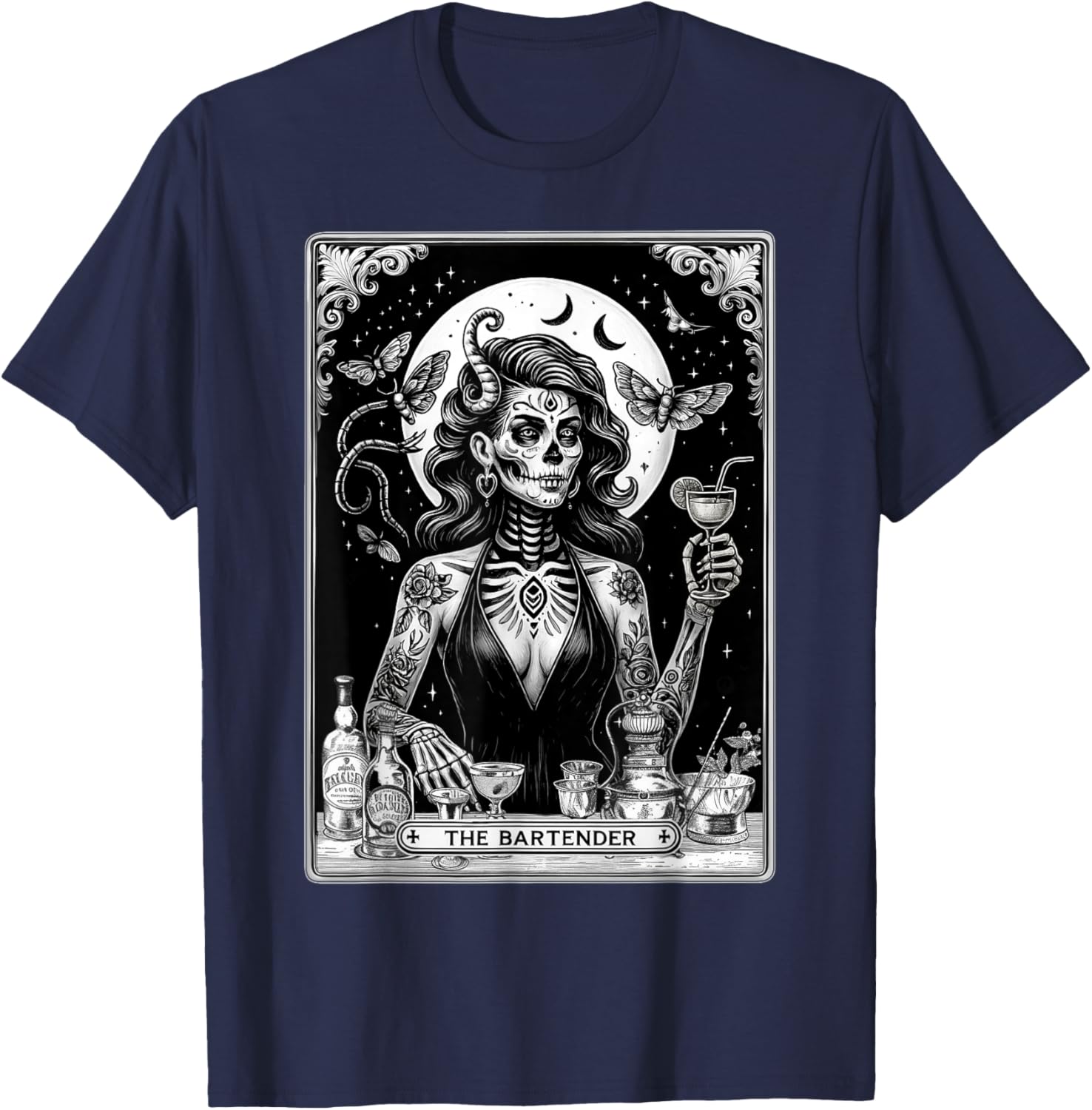 Bartender Tarot Card Skeleton Cocktail T-Shirt - T-Shirt | Navy