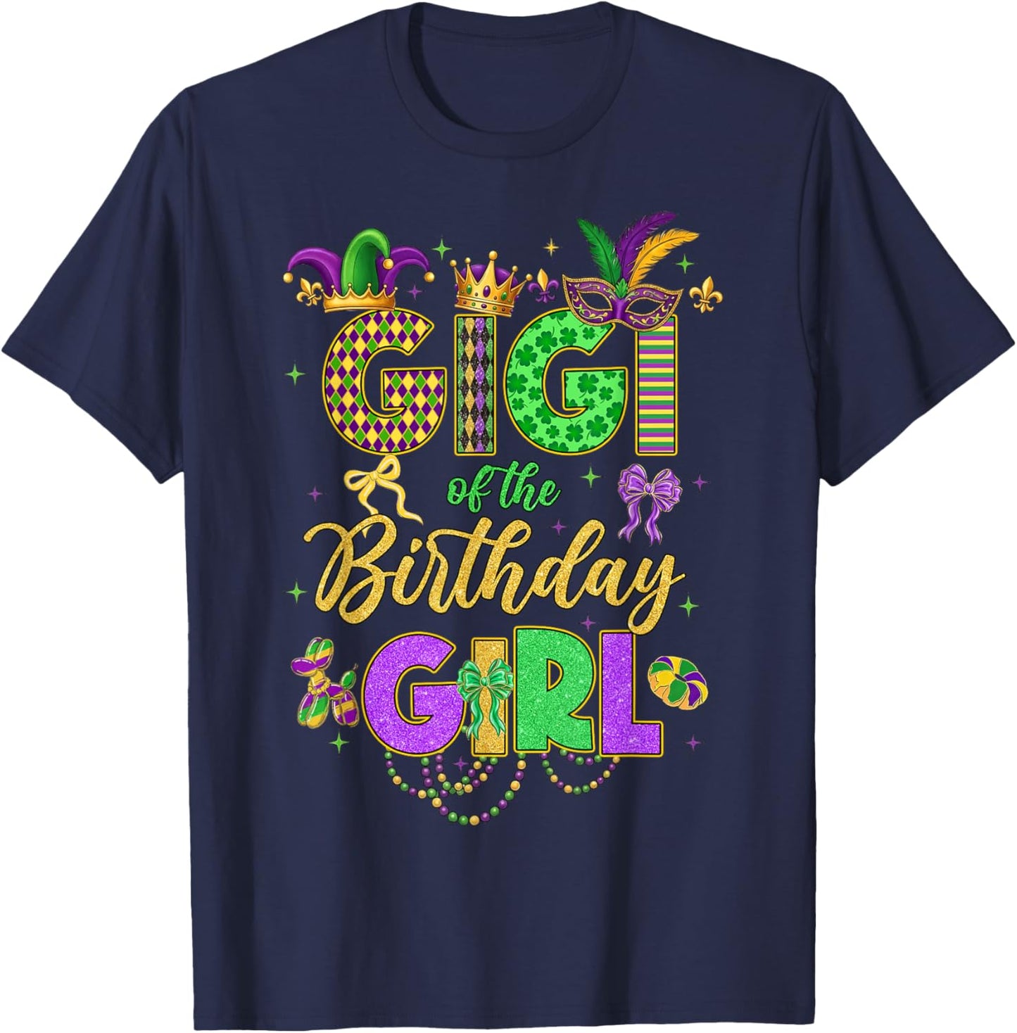 Gigi of The Birthday Girl Coquette Bow Mardi Gras Party T-Shirt - T-Shirt | Navy