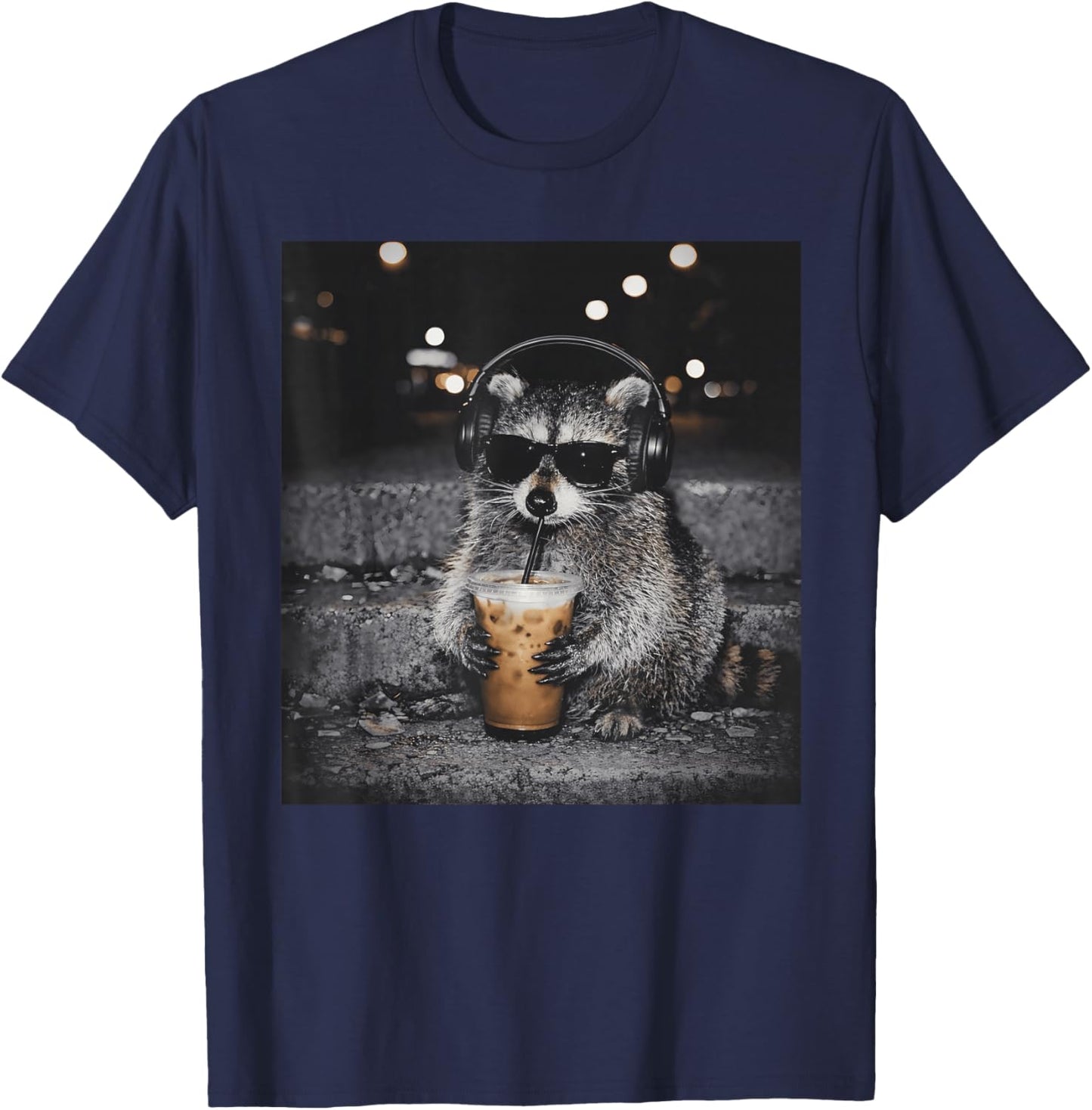 Raccoon Drinking Iced Coffee Funny Animal Meme Men Women T-Shirt - T-Shirt | Navy