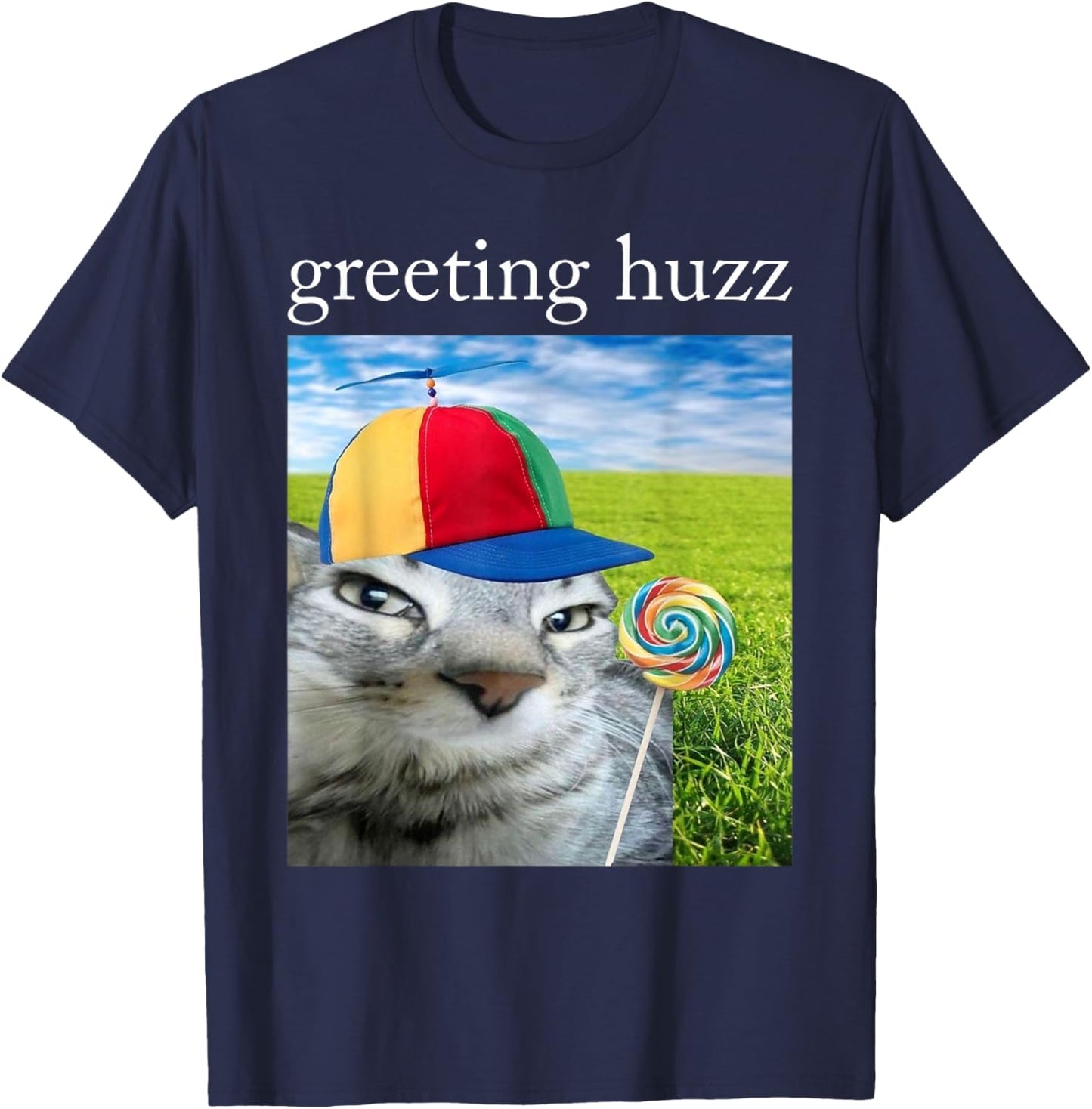Greetings Huzz Funny Silly Cat with Lollipop Gen Z Meme T-Shirt - T-Shirt | Navy