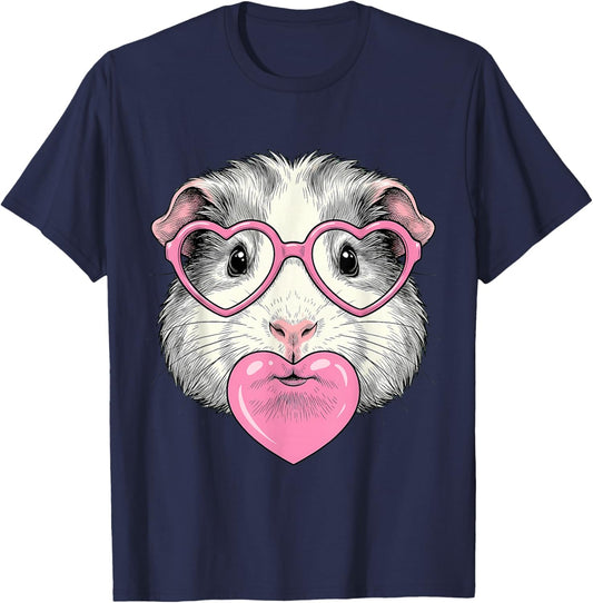 Cute Guinea Pig Blowing Pink Valentine Heart Bubble Gum T-Shirt - T-Shirt | Navy
