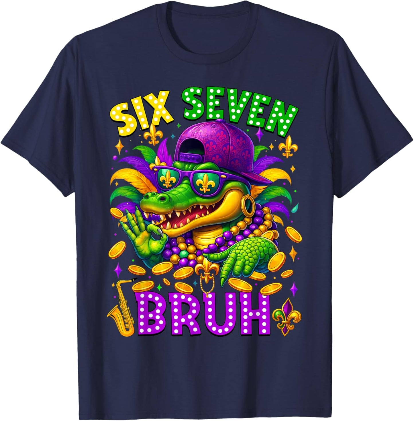 Mardi Gras Six Seven Bruh Mardigator Alligator 6 7 Meme Boy T-Shirt - T-Shirt | Navy