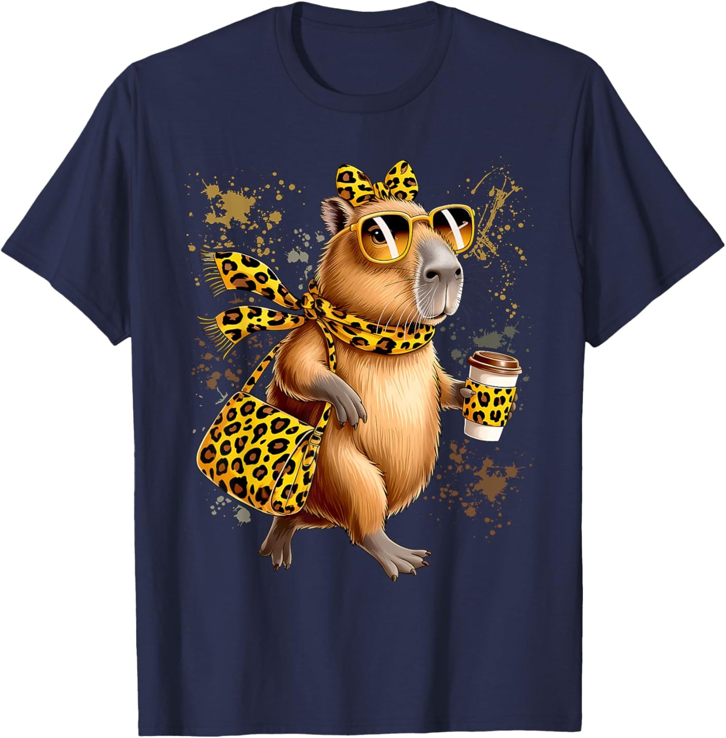 Fashion Funny Leopard Capybara Coffee Cute Women Girls T-Shirt - T-Shirt | Navy
