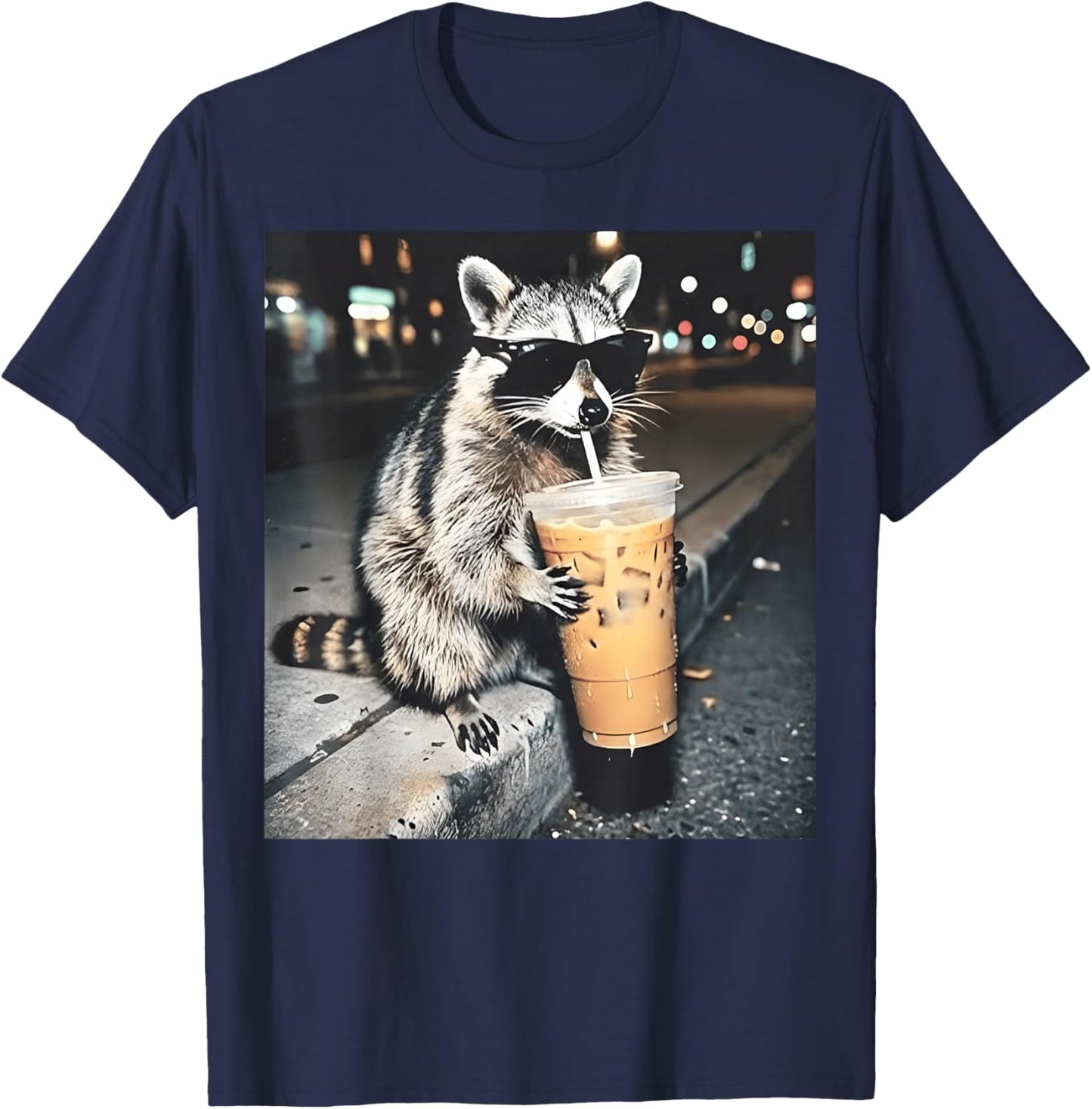 Raccoon Drinking Iced Coffee Funny Animal Meme Men Women T-Shirt - T-Shirt | Navy