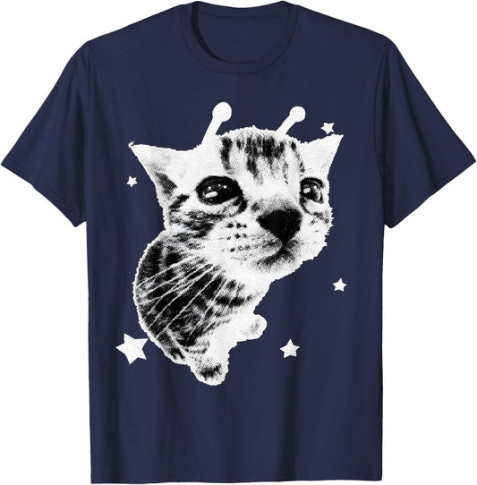 Y2K Alien Cat Meme Retro Silly Cat Vintage Kitty Funny Shirt T-Shirt - T-Shirt | Navy