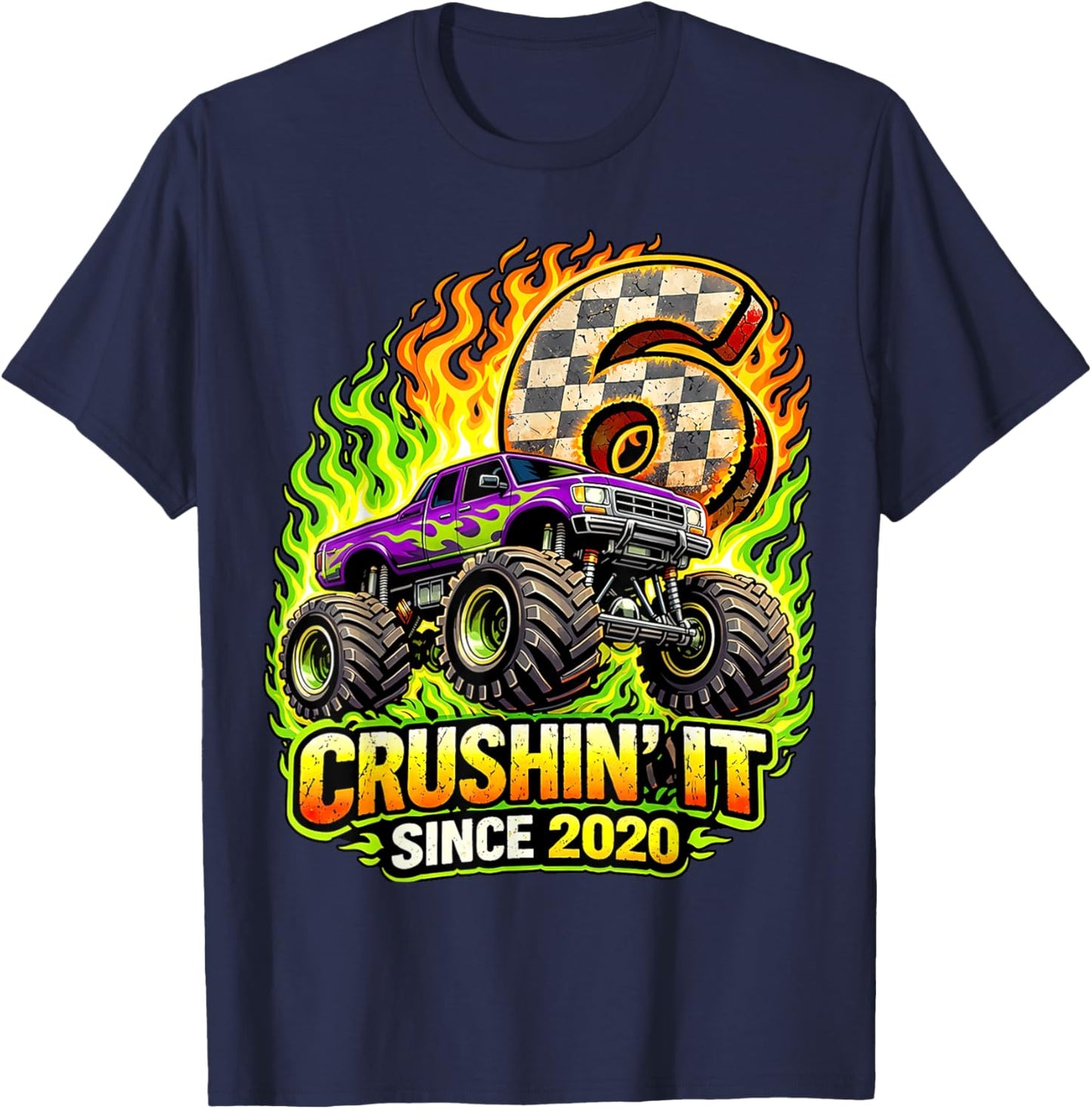 Birthday Monster Truck 6 Year Old Boys 6th Party Born 2020 T-Shirt - T-Shirt | Navy