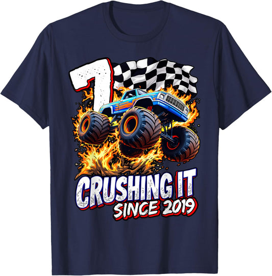 Birthday Monster Truck 7 Year Old Boys 7th Party Born 2019 T-Shirt - T-Shirt | Navy