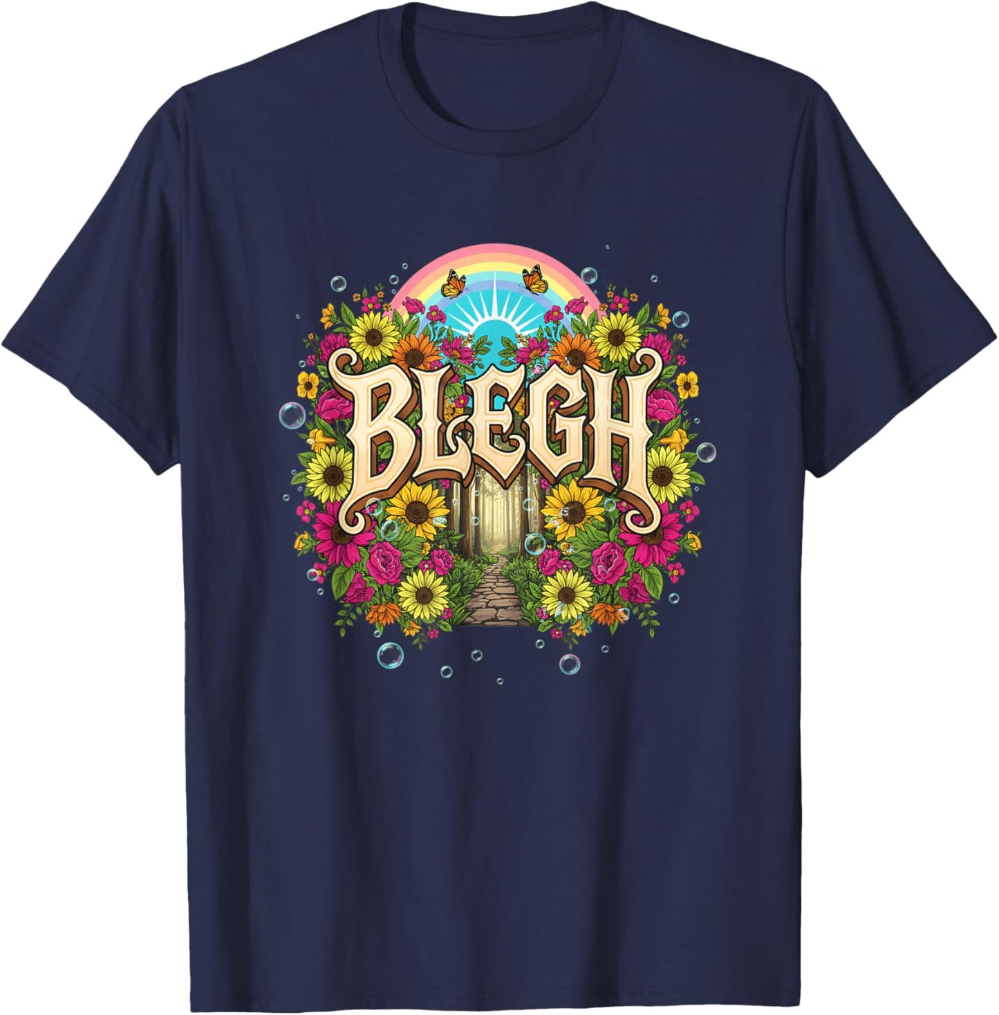 Blegh Floral Gothic Rainbow Sunforest Funny Graphic T-Shirt - T-Shirt | Navy