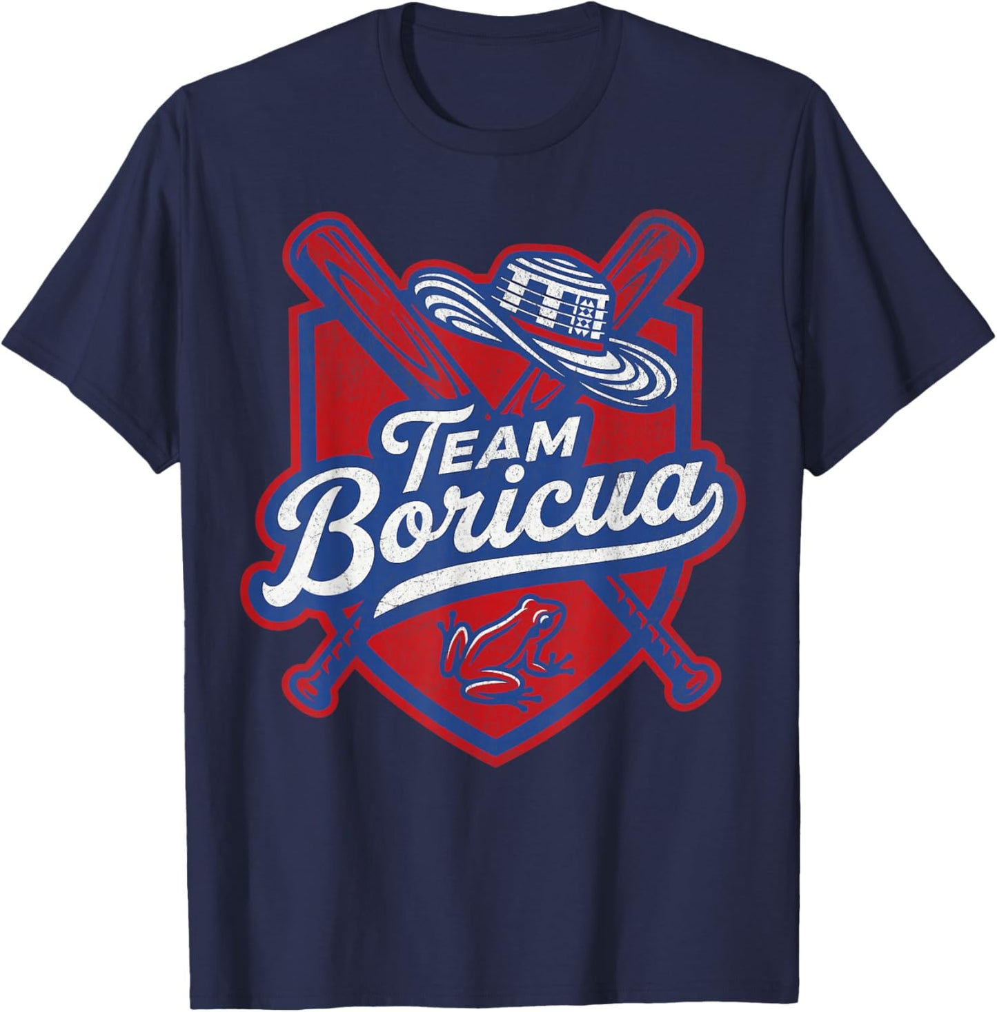 Team Boricua Puerto Rico Baseball Coqui Frog Pava Hat Fan T-Shirt - T-Shirt | Navy