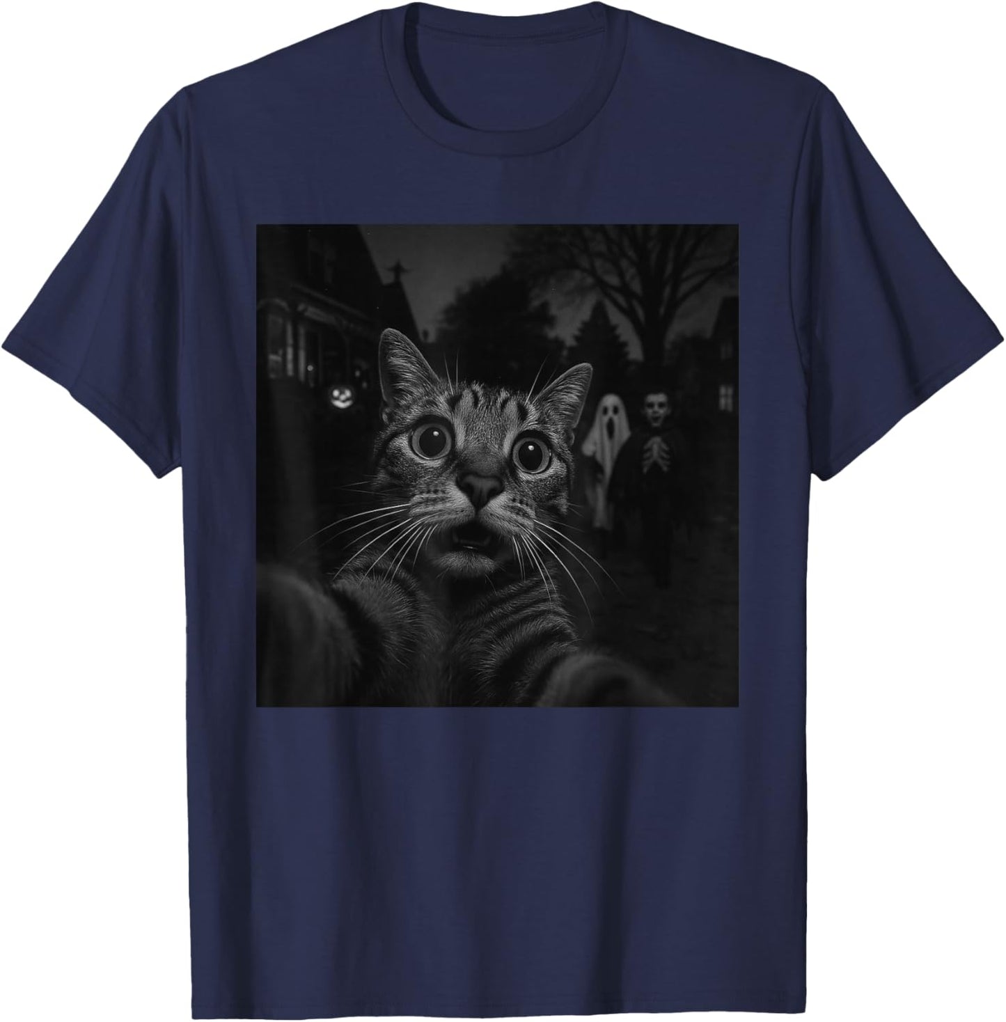 Funny Halloween Cat Selfie Ghost Skeleton Boo Trick or Treat T-Shirt - T-Shirt | Navy