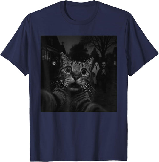 Funny Halloween Cat Selfie Ghost Skeleton Boo Trick or Treat T-Shirt - T-Shirt | Navy