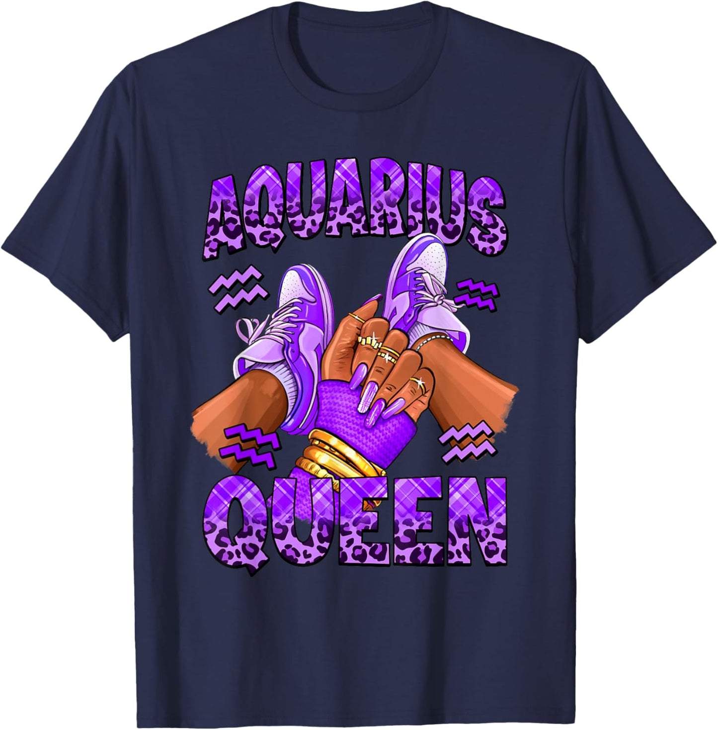 Aquarius Girl Zodiac Birthday Afro Queen Sneakers Nails T-Shirt - T-Shirt | Navy