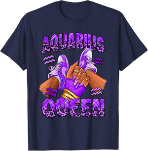 Aquarius Girl Zodiac Birthday Afro Queen Sneakers Nails T-Shirt - T-Shirt | Navy