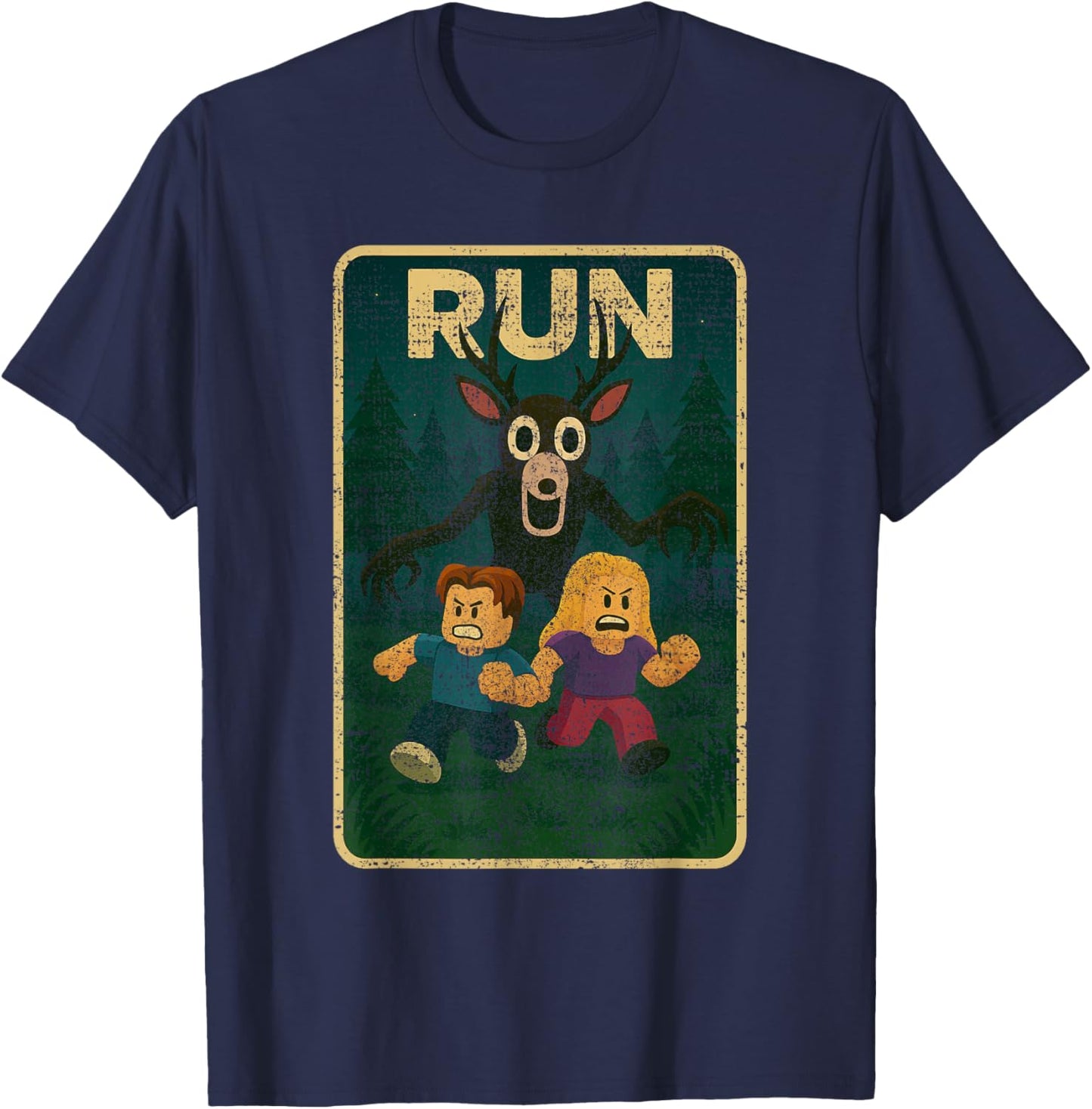 Run - 99 Nights Halloween Gamer Deer in The Forest Kids Meme T-Shirt - T-Shirt | Navy