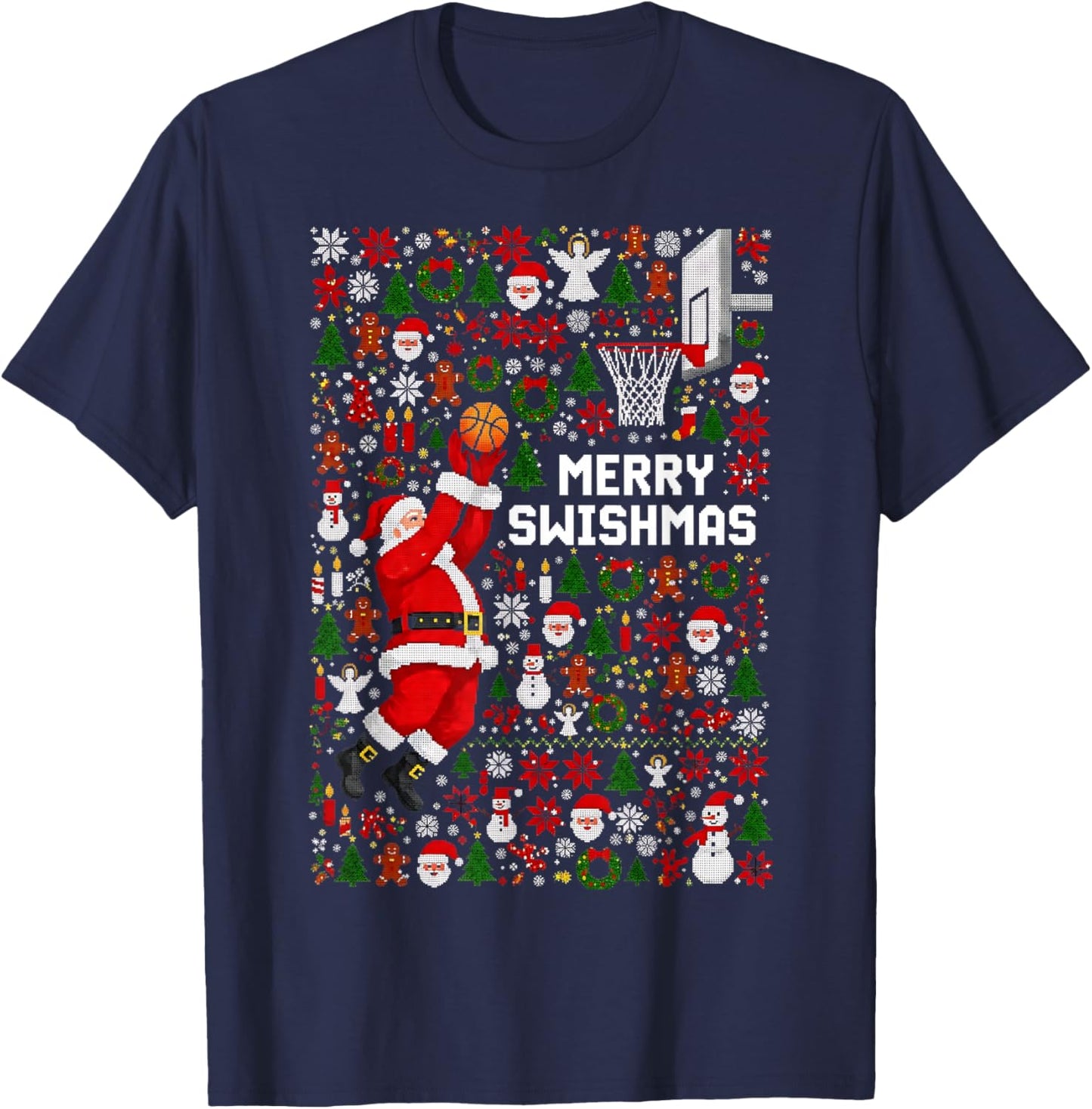 Merry Swishmas Santa Basketball Ugly Sweater Style T-Shirt - T-Shirt | Navy