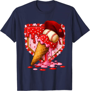 Baseball Heart Valentine Baseball Ice Cream Drip Boys Girls T-Shirt - T-Shirt | Navy