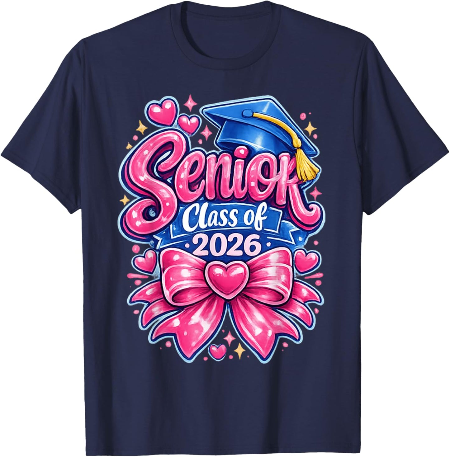 Class of 2026 Pink Bow Graduation Senior Girls T-Shirt - T-Shirt | Navy