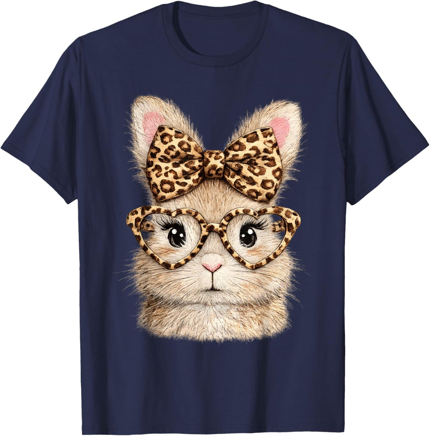 Bunny Face Girls Glasses Leopard Coquette Happy Easter T-Shirt - T-Shirt | Navy
