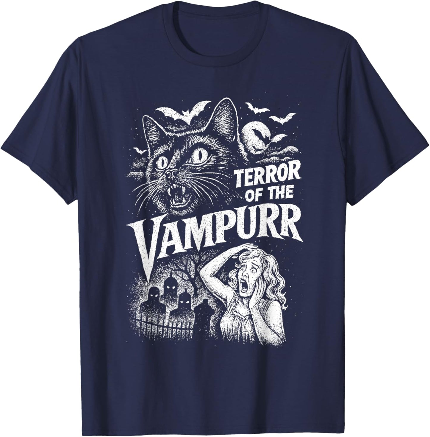 Terror of The Vampurr Halloween Cat Vintage Movie Spooky T-Shirt - T-Shirt | Navy